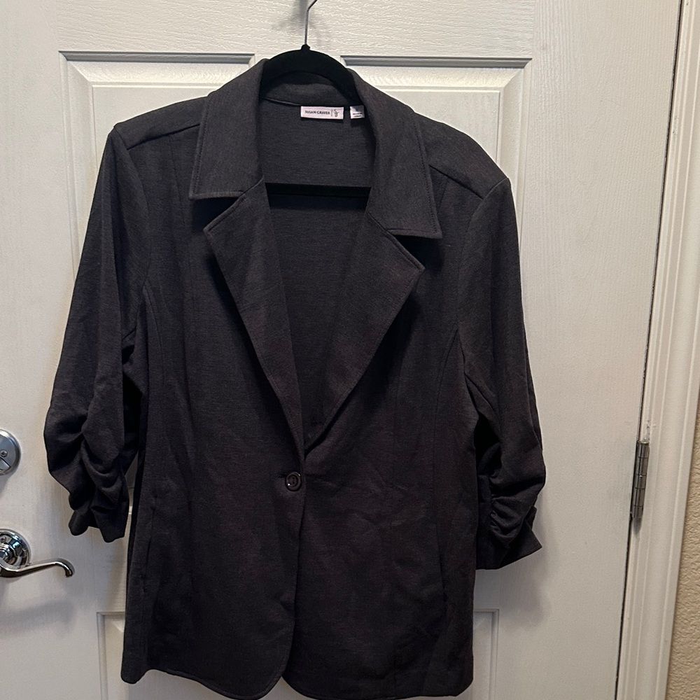 Susan Graver Dark Gray Knit Blazer One Button Ruched Sleeves Size XL